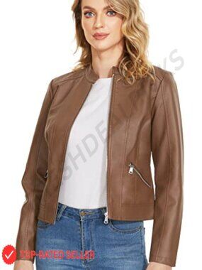Faux Leather Moto Biker Jacket Zip Up Stand Collar Fitted Coat